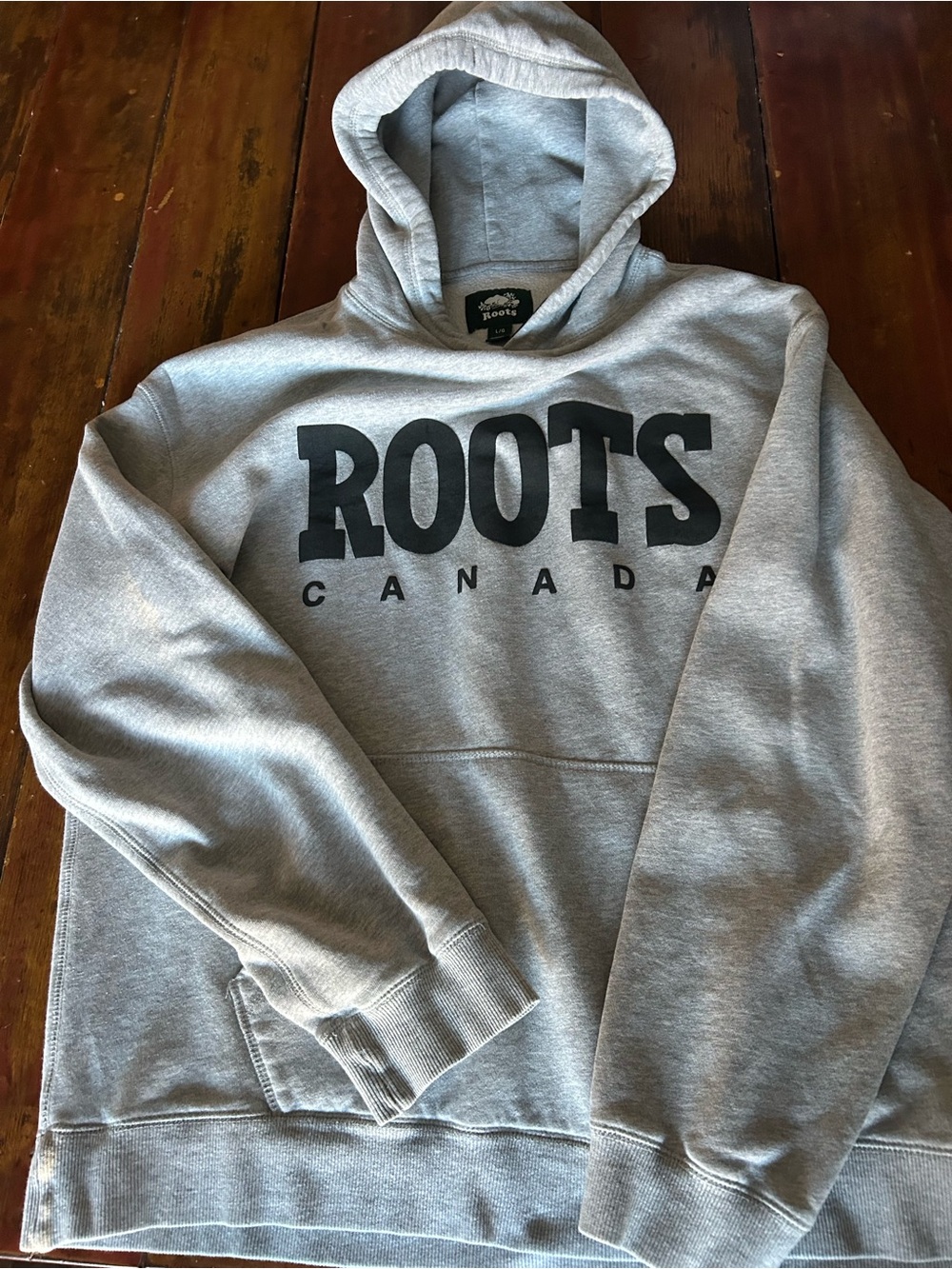 Roots Men's Light Gray Crewneck Hoodie with Black Logo